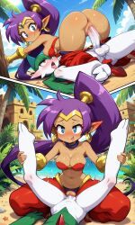1girls belly_button breasts blue_eyes choker cleavage clothed earrings female hip_vent long_ears long_hair navel ponytail purple_hair really_long_hair red_clothing shantae shantae_(character) thick_thighs thighs wide_hips harem_pants elf_ears genie_girl pokemon crossover gallade ai_generated harem_outfit pokemon_(species) pokephilia vaginal_sex vaginal_penetration dominant_female amazon_position female_on_top holding_legs