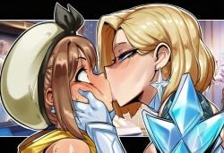 2d 2girls age_difference ai_generated assertive_female atelier_(series) atelier_ryza bedroom blonde_hair blue_eyes blue_lipstick blush brown_hair crossover dominant_female embarrassed emma_frost emma_frost_(marvel_rivals) eyes_wide_open female female_focus female_only forced_kiss forced_yuri gloves half-closed_eyes hand_on_another's_cheek hand_on_cheek hat height_difference hi_res hibiki120 kiss kiss_on_lips kissing lesbian lipstick looking_at_another looking_each_other marvel marvel_rivals mouth_to_mouth questionable_consent reisalin_stout short_hair submissive_female surprised white_dress white_gloves white_shirt wide_eyed yellow_eyes yellow_jacket yuri