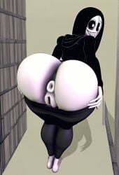 1girl solo_female female creepy creepy_smile black_hair pale-skinned_female pale_skin fat_ass huge_ass puffy_anus donut_anus puffy_pussy black_hoodie black_pants clothed_female pants_down barefoot teasing dezgo_ai ai_generated