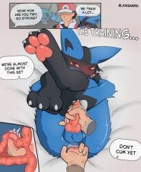 3_toes absurd_res anal anal_fingering animal_genitalia animal_penis anthro blush bodily_fluids breath canine_genitalia canine_penis disembodied_hand duo edging english_text feet fingering fur generation_4_pokemon genital_fluids genitals handjob hi_res holding_both_legs holding_own_legs_up human human_on_anthro interspecies kaisanpai knot knotted_penis legs_up lucario male male/male male_penetrated male_penetrating male_penetrating_male mammal motion_lines multicolored_body multicolored_fur nintendo panting pawpads penetration penile penis pokemon pokemon_(species) pokephilia precum prostate prostate_stimulation red_eyes resisting_orgasm sex speech_bubble text toes x-ray_view