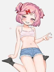 skreamyy 1girl arm_support artist_name bare_shoulders black_socks blue_shorts blush bob_cut breasts casual commentary cutoffs denim denim_shorts doki_doki_literature_club eyelashes grin hair_intakes hair_ornament hair_ribbon head_tilt heart highres leaning_back looking_at_viewer lowleg lowleg_shorts midriff motion_lines narrowed_eyes natsuki_(doki_doki_literature_club) naughty_face navel no_shoes parted_lips pink_eyes pink_hair pink_sports_bra red_ribbon ribbon romaji_commentary short_hair short_shorts shorts signature simple_background sitting small_breasts smile socks solo spaghetti_strap sports_bra striped_sports_bra swept_bangs thigh_gap twitter_username two-tone_sports_bra two_side_up v v-shaped_eyebrows wariza white_background white_sports_bra x_hair_ornament