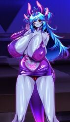 ahoge bed belly_piercing bodycon bone_hair_ornament choker cross-shaped_pupils demon demon_girl ear_piercing female flesh_fang gigantic_breasts heart_ahoge heart_symbol horns latex leopard_print long_hair mismatched_pupils multi_horn nipple_bulge non-human peace_sign pink_eyes plaguebby pointy_ears pubic_tattoo purple_clothing purple_skin red_underwear sharp_fingernails shoulder_spikes solo sparkles symbol-shaped_pupils tail tanizakura_shidare two-tone_hair two-tone_horns vtuber