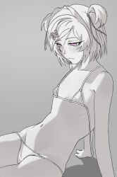 1girl absurdres aegyo_sal arm_support bare_shoulders bikini blush bob_cut closed_mouth collarbone commentary covered_erect_nipples ddlc depressed doki_doki_literature_club embarrassed english_commentary exspiravitbag eyelashes fang flat_chest from_side grey_background greyscale groin hair_intakes hair_ornament hair_ribbon highres leaning_back looking_at_self looking_down loose_hair_strand micro_bikini monochrome natsuki_(doki_doki_literature_club) navel open_clothes petite pink_eyes questionable questionable_consent ribbon serenity_forge shadow short_hair sitting skin_fang slit_pupils solo spot_color string_bikini swept_bangs swimsuit team_salvato two_side_up untied_bikini x_hair_ornament x_link