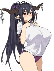 1girl ahoge black_hair bloomers blush breasts brown_horns danua demon_horns draph embarrassed flat_color granblue_fantasy hands_on_own_chest high_ponytail horns houtengeki large_breasts large_horns long_earlobes long_hair looking_down open_mouth ponytail purple_bloomers purple_ribbon red_eyes ribbon shirt shortstack simple_background sketch solo standing tagme thighs very_long_hair white_background white_shirt