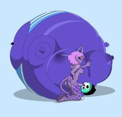 2d_(artwork) big_breasts blue_body blue_skin blueberry_inflation breasts breasts_bigger_than_head breasts_out drawing eotidiss expansion female female_focus futanari green_hair huge_breasts inflation massive_breasts misha_(shygal) monster_girl purple_body purple_hair purple_skin shy_gal tail