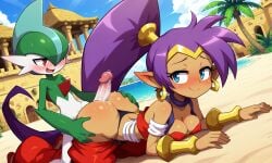1girls belly_button breasts blue_eyes choker cleavage clothed earrings female hip_vent long_ears long_hair navel ponytail purple_hair really_long_hair red_clothing shantae shantae_(character) thick_thighs thighs wide_hips harem_pants elf_ears genie_girl pokemon crossover gallade ai_generated harem_outfit pokemon_(species) pokephilia doggy_style lying pants_down pants_pulled_down before_sex rubbing penis_between_ass