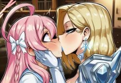 2d 2girls age_difference ai_generated assertive_female bedroom blonde_hair blue_archive blue_eyes blue_lipstick blush crossover dominant_female embarrassed emma_frost emma_frost_(marvel_rivals) eyes_wide_open female female_focus female_only gloves green_eyes hair_ornament half-closed_eyes halo hanako_(blue_archive) hand_on_another's_cheek hand_on_cheek height_difference hi_res hibiki120 kiss kiss_on_lips kissing lesbian lipstick long_hair looking_at_another looking_each_other marvel marvel_rivals mouth_to_mouth pink_hair pink_halo school_uniform short_hair submissive_female surprised white_dress white_gloves white_ribbon wide_eyed yuri forced_yuri forced_kiss questionable_consent