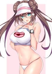 1girls abs big_breasts blue_eyes brown_hair female female_only finger_gun hair_bun human long_hair pokemon pokemon_bw2 rosa_(pokemon) sankakusui_(deltawhite) smile solo