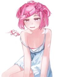 1girl absurdres ahoge bare_shoulders blush bob_cut bow breasts commentary doki_doki_literature_club downblouse dress dress_bow dress_ribbon fang flower grey_bow grey_ribbon hair_flower hair_intakes hair_ornament heart heart_ahoge highres leaning_to_the_side light_blush micmaqn narrowed_eyes natsuki_(doki_doki_literature_club) parted_lips pink_eyes pink_flower pink_hair romaji_commentary short_dress short_hair sitting small_breasts smile solo strap_slip sundress swept_bangs two_side_up white_dress x_hair_ornament