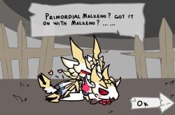 2026 blush blush_lines capcom digital_drawing_(artwork) digital_media_(artwork) doggystyle duo elder_dragon emenata english_text female fence feral from_behind_position grass heart_symbol horn hud male male/female malzeno mewgenics monster_hunter negativezm617 on_model outside outside_sex parody plant primordial_malzeno red_eyes sex speech_bubble text toony yellow_horn