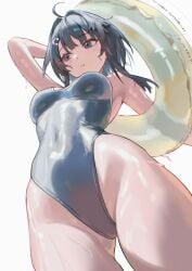 1girl absurd_res arknights arm_up black_hair blue_eyes blush breasts covered_navel feather_hair female female_only grey_one-piece_swimsuit hair_intakes highleg highres holding la_pluma_(arknights) one-piece_swimsuit short_hair simple_background solo solo_female solo_focus swim_ring swimsuit thighs uof wet wet_body white_background