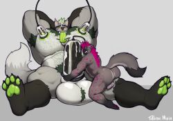 abs anthro armpit_hair backsack ball_tuft balls belly_hair big_balls big_butt big_muscles big_pecs body_hair butt canid canine chest_hair duo ejaculation facial_piercing fangs fluffy fluffy_tail genitals hair hands_behind_head hi_res huge_balls hyena larger_male long_tongue looking_at_viewer looking_back looking_back_at_viewer looking_pleasured male male/male mammal muscular muscular_arms muscular_legs muscular_male mythological_canine mythological_creature mythology nipple_piercing nipple_ring nipples nose_piercing nose_ring pawpads pecs penis_milking_machine piercing pubes rear_view reclining ring_piercing scrotum_flap septum_piercing septum_ring size_difference smaller_male smile spots tail teeth tilionmaia tongue tongue_out tuft werecanid werecanine werecreature werewolf