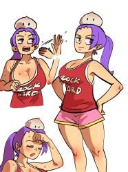 1girls big_breasts busty busty_female forehead gingerwff orginal_character personification ponytail purple_hair shampowrado shorts sweatdrop tank_top tanktop thighs
