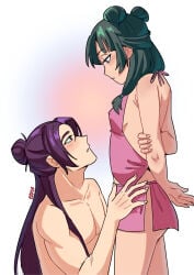 1boy 1boy1girl 1girls apron artist_name artist_signature bathrobe blue_eyes blush breasts cleavage color eenakulot eyebrows_visible_through_hair gradient_background green_hair hair_bun half-closed_eyes highres jinshi_(kusuriya_no_hitorigoto) kneeling kusuriya_no_hitorigoto lighting long_hair looking_at_another maomao_(kusuriya_no_hitorigoto) muscular muscular_male nipples_visible_through_clothing partially_clothed purple_eyes purple_hair shirtless side_view slight_blush small_breasts standing straight tied_hair twin_buns watermark