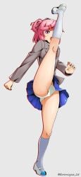 1girls absurdres ass blazer blue_skirt blush brown_jacket brown_sweater_vest cameltoe crotch_seam doki_doki_literature_club doki_doki_literature_club_school_uniform eremiya_(loleremiya) fang female female_only grey_background grey_socks hair_ornament hairclip high_kick highres jacket kicking kneeling long_sleeves natsuki_(doki_doki_literature_club) open_mouth panties pink_eyes pink_hair pleated_skirt school_uniform shirt shoes short_hair simple_background skindentation skirt socks solo standing standing_on_one_leg sweater sweater_vest twintails underwear uwabaki white_panties white_shirt white_shoes wind wind_lift x_hair_ornament
