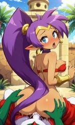 1girls belly_button breasts blue_eyes choker cleavage clothed earrings female hip_vent long_ears long_hair navel ponytail purple_hair really_long_hair red_clothing shantae shantae_(character) thick_thighs thighs wide_hips harem_pants elf_ears genie_girl pokemon crossover gallade ai_generated harem_outfit pokemon_(species) pokephilia sex_from_behind doggy_style sex pants_down pants_pulled_down vaginal_sex vaginal_penetration pov pov_eye_contact jiggling_breasts