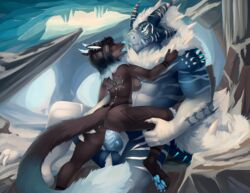 anthro anthro_on_anthro anthro_penetrated anthro_penetrating anthro_penetrating_anthro black_body black_fur blue_body blue_fur blue_nose blue_paws breasts canid canine canis cave duo female female_penetrated fluffy fur genitals hi_res holding_(disambiguation) horn ice knot larger_male male male_penetrating male_penetrating_female mammal markings merrunz muscular nude penetration penis pussy sex side_boob sitting size_difference snow straight wolf