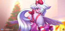 anus ass blush christmas christmas_tree cloud_chaser_(mlp) equid equine feathered_wings feathers female feral friendship_is_magic highres holidays looking_at_viewer looking_back mammal my_little_pony pterippus rear_view ribbons solo spread_wings sugarlesspaints text tree url wings