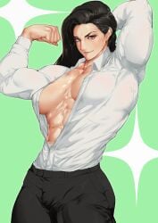 himazin29gou oc original original_character female female_only female_focus muscular muscular_female athletic athletic_female abs breasts boobs tits big_breasts big_boobs big_tits cleavage unbuttoned unbuttoned_shirt office office_lady office_clothing female_in_suit suit long_hair muscular_biceps biceps bicep_curl thighs thick_thighs muscular_thighs clothes clothed clothing tight_clothing