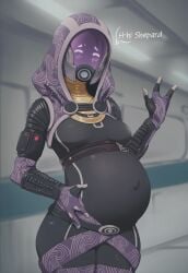 ai_generated alien belly_grab bigjohnny1341 bodysuit clothed female holding_belly pregnant tali'zorah_nar_rayya