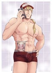 1boy abs artist_name balls_under_clothes bathroom biceps big_areola big_bulge big_penis blonde_hair blue_eyes breasts bulge bulge_through_clothing cap cellphone collarbone cup_noodles curved_penis curved_to_the_right_penis dangerous eight_pack erection erection_under_clothes eyebrows_visible_through_hair fatal_fury gay genital_outline glans grin hal_(harenchiou) hand_on_hip hat hi_res holding_phone huge_cock king_of_fighters long_hair male male_only manly mature_male muscles muscular muscular_arms muscular_male navel nissin no_body_hair one_eye_closed pecs penis ponytail shampoo_challenge six_pack smartphone snk solo standing steam terry_bogard thick_penis tied_hair tiled_wall topless very_high_resolution white_border wink yaoi