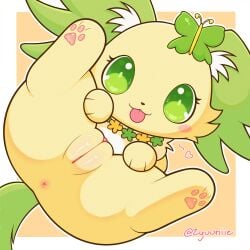 anus butterfly_clip canid canine canis domestic_dog female feral fur garland genitals green_body green_eyes green_fur hi_res jewelpet jewelry looking_at_viewer mammal necklace papillon pawpads peridot_(jewelpet) presenting sanrio sega_fave solo spread_legs spreading tongue tongue_out toy_dog vulva yellow_body yellow_fur zyuuniie
