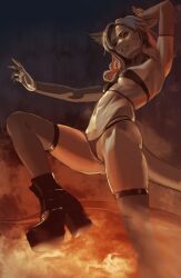5_fingers accessory anthro bonfire boots bra breasts claws clothed clothing dancing desert digital_media_(artwork) eyebrows eyelashes female finger_claws fingers fire footwear genitals glowing hair harness hi_res high_heels hnz legwear long_hair long_tail low-angle_view night panties pussy_floss scales shoes skimpy small_breasts smile smoke solo stockings tail thick_tail thigh_highs under_boob underwear vulva