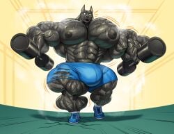 2024 5_fingers abs anthro areola balls biceps big_balls big_bulge big_muscles big_pecs black_body black_nipples blue_bottomwear blue_clothing blue_footwear blue_shoes blue_shorts bodily_fluids bottomwear bulge canid canine canis clothed clothing digital_media_(artwork) domestic_dog dumbbell exercise fingers footwear fur genitals ginubus_(rionkion) growth guzreuef hi_res holding_object huge_balls huge_bulge huge_muscles huge_pecs hyper hyper_balls hyper_bulge hyper_genitalia hyper_muscles hyper_pecs inside jackal male male_anthro mammal monotone_body muscle_growth muscular muscular_anthro muscular_legs muscular_male nipples pecs shoes shorts sneakers socks solo standing sweat topless topless_anthro topless_male torn_bottomwear torn_clothing vein wardrobe_malfunction weights yellow_eyes
