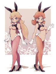 2girls adapted_costume alternate_costume animal_ears areolae breasts bunny_ears bunny_girl bunny_tail bunnysuit fake_animal_ears fake_tail female female_only full_body high_heels hourglass_figure lamb-oic029 looking_at_viewer mario_(series) medium_breasts multiple_girls nintendo nipples pantyhose princess_daisy princess_peach reverse_bunnysuit simple_background standing stiletto_heels tail very_high_heels