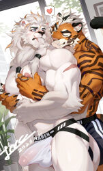 absurd_res anthro barazoku beard black_stripes bulge clothed clothing detailed_bulge duo erection facial_hair facial_scar felid forgetch fur genital_outline genitals heart_symbol hi_res hug hugging_another hugging_from_behind humanoid_genitalia humanoid_penis jockstrap jockstrap_only lion male male/male mammal mane muscular muscular_anthro muscular_male nipple_fetish nipple_piercing nipple_play nipple_ring nipples orange_body orange_fur pantherine pec_grab pecs penis penis_outline piercing ring_piercing romantic romantic_couple scar striped_body striped_fur stripes tenting tiger topless translucent translucent_clothing underwear underwear_only whiskers