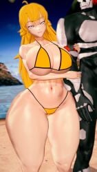 1boy 1girls arm_wrapping big_breasts bikini bikini_bottom bikini_top blonde_female blonde_hair grimm_(rwby) long_hair long_hair_female monster monster_boy morepolygons11 purple_eyes rwby yang_xiao_long