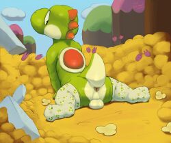 1boy absurd_res anthro anus backsack balls blue_eyes clothing cloud feet flower footwear footwear_only furry furry_male furry_only genitals glibnel green_yoshi hi_res legwear looking_back male male_only mario_(series) mostly_nude nintendo outside plant presenting presenting_anus reptile rock scalie shell socks socks_only solo solo_focus solo_male thigh_highs yoshi