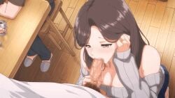 1girl 2boys aibanwork animated animated_gif ayano_(the_married_woman_nextdoor_2) bare_shoulders black_hair blush breasts bull_pov can censored cleavage desk fellatio from_above hair_over_shoulder highres holding holding_can indoors jewelry large_breasts long_hair long_sleeves mosaic_censoring multiple_boys off-shoulder_sweater off_shoulder on_stool oral penis pov pubic_hair ring shirt short_sleeves slippers squatting stool sweater table the_married_woman_nextdoor_2_-_creampie_sex_beside_her_husband tucking_hair wedding_ring white_shirt wooden_floor