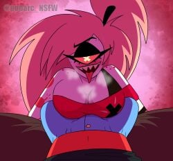 1_eye 2024 arm_tattoo bedroom_eyes between_legs big_breasts blonde_hair blue_bottomwear blue_clothing blue_pants blush bottomwear breast_on_bulge breast_on_leg breasts breath bulge bulge_rubbing cherri_bomb_(hazbin_hotel) cleavage clothed clothed_female clothed_male clothing crotch_rub cyclops demon duo female first_person_view hair hazbin_hotel hellaverse hi_res huge_breasts humanoid looking_at_viewer male male/female male_pov narrowed_eyes open_mouth open_smile pants poparc_nsfw seductive shoulderless_topwear sinner_demon smile tapering_tongue tattoo teasing teasing_viewer tongue tongue_out x_pupils