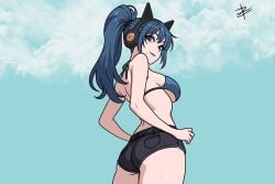 artist_request ass bikini_top blue_hair blue_sky butt clouds digital_media_(artwork) fortnite fortnite:_battle_royale hope_(fortnite) large_breasts new_artist not_ai_generated shorts simple_shading zerot