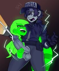 mrbooshmaster awaria 1futa 1girls ghost_girl futanari penis cum cumshot handjob glasses ghost ula_usterka zmora balls handjob_from_behind flashlight penis_out breast_grab guard security_guard big_penis fondling_breast under_clothes striped_legwear thighhighs hi_res highres green_body green_skin grey_body