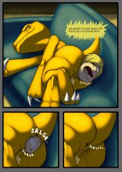 agumon anal anal_vore anthro anus bandai_namco butt digimon digimon_(species) english_text female female_pred furaffinity genitals hi_res human larger_male male male_prey mammal poisonsneksoffie rear_view scalie size_difference sleeping smaller_female text thick_thighs unaware unwanted_vore vore vulva