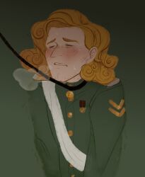 gay futanari nonbinary ambiguous_gender implied_sex imminent_sex long_hair ginger curly_hair clothed uniform military_uniform collar bell_collar leash leash_pull leash_and_collar petplay medals blush sweat humiliation trans_woman trans_woman_(lore) visible_breath closed_eyes biting_lip hands_in_lap color lineless style_study historical dmitri_mikhailovich gentle_hands(webcomic) leonardoeatscarrots(artist) letstryartemy(artist)