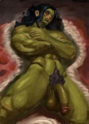 balls covering_breasts dixxbedru futanari green_skin muscular muscular_futa nude nude_futa orc orc_futa orc_futanari pubic_hair testicles tusks