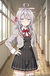 1boy ahoge ai_generated alisa_mikhailovna_kujou blue_eyes blush bow bowtie bulge closed_mouth collared_shirt cowboy_shot femboy genderswap genderswap_(ftm) grey_hair hair_between_eyes hair_ribbon hallway hand_on_hip indoors jacket long_hair long_sleeves looking_at_viewer male open_clothes open_jacket pleated_skirt pout red_ribbon ribbon roshidere school_uniform shirt silver_hair skirt solo standing tehmar thighhighs tokidoki_bosotto_russian_de_dereru_tonari_no_alya-san trans_woman transfem trap white_legwear white_shirt white_thighhighs window zettai_ryouiki