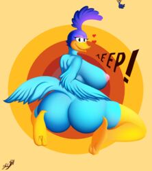 2020 anthro ass avian big_breasts big_butt bird blue_body blue_feathers blue_fur blue_skin breasts cuculiform curvy_figure feathers female fur hi_res huge_breasts letfurry1t looking_at_viewer looney_tunes new_world_ground_cuckoo nipples non-mammal_breasts nude open_mouth road_runner_(looney_tunes) roadrunner simple_background smile soft_feathers solo thick_thighs voluptuous warner_brothers wide_hips wings