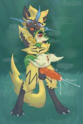 animal_genitalia animal_penis anthro anus balls big_penis black_balls black_body blue_eyes bodily_fluids claws cum duo ejaculation fangs female forest full-length_portrait generation_5_pokemon generation_7_pokemon genital_fluids genitals grass green_body hand_grab hi_res holding_another hug hugging_another hugging_from_behind humanoid_genitalia humanoid_vulva knot knotted_penis larger_male legendary_pokemon looking_down looking_pleasured male male/female mythical_pokemon nintendo penis pink_tongue plant pokemon pokemon_(species) portrait red_anus red_eyes red_penis red_vulva semi-anthro shaking shieshuqqq size_difference smaller_female snivy splurt teeth toe_claws tongue tree vaginal_fluids vein veiny_penis vulva yellow_body zeraora