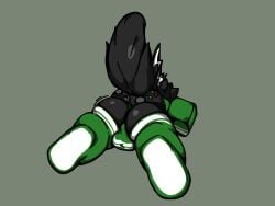 4:3 anthro backsack balls big_butt black_body black_fur bulge bulge_from_behind butt clothing controller digital_media_(artwork) footwear fur game_controller genitals green_background green_clothing green_shirt green_topwear green_underwear killerwhale0 lying machine male microsoft on_front perineum protogen shirt simple_background socks solo thick_thighs topwear underwear xbox xbox_controller xbox_game_studios