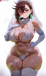1girls ai_generated ayase_momo big_breasts bikini bra curvy curvy_body curvy_female curvy_figure dandadan earrings female female_only huge_breasts large_breasts light-skinned_female light_skin looking_at_viewer panties schoolgirl shao145 shiny_skin solo solo_female standing stockings wedding_dress