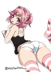 1girl ass back bare_arms black_camisole blush book camisole commentary_request doki_doki_literature_club hair_ornament hair_ribbon hairclip highres looking_at_viewer lying mochachoco natsuki_(doki_doki_literature_club) on_stomach open_mouth panties pink_eyes pink_hair pink_theme reading ribbon short_hair shoulder_blades simple_background solo striped_clothes striped_thighhighs thighhighs thighs underwear white_background white_panties