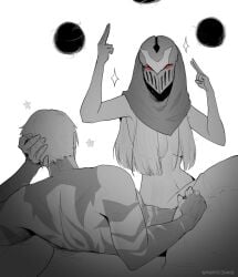 artist_name bed breasts hair_covering_breasts highres league_of_legends long_hair marydjiang monochrome navel riot_games simple_background syndra white_background wholesome zed
