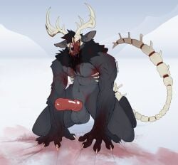 absurd_res akefesauce american_mythology animal_genitalia animal_penis anthro antlers ball_tuft big_penis black_body black_fur blood bodily_fluids bone canine_genitalia canine_penis claws covered_in_blood crouching exposed_bone fangs fur genitals gore grey_body grey_fur hi_res horn indigenous_north_american_mythology knot knotted_penis male monster mythology north_american_mythology penis presenting presenting_penis skull skull_head solo teeth tuft wendigo white_claws yellow_eyes yura_kazzarin_(skullmoss)