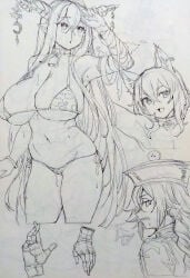 3girls animal_ears animal_print arms_up bandaged_arm bandages bare_hips bare_shoulders bikini blush bracelet braid breasts cow_print danua draph earrings granblue_fantasy hat head_tilt horns houtengeki huge_breasts jewelry large_breasts large_horns long_hair looking_to_the_side looking_up mouth_hold multiple_girls navel neck_bell open_mouth original ribbon_trim simple_background single_earring sketch smile standing swimsuit teeth teeth_hold very_long_hair