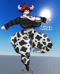 1girls 3d_background auburn_(sherbet) baseplate big_ass big_breasts bottom_heavy bra clothed cow_horns cowgirl cowprint cowprint_clothing female_only freckles glasses huge_ass hyper_hourglass light-skinned_female light_skin motion_lines onomatopoeia pawg red_hair roblox sherbetdraws shewiff small_head solo source_request thick_thighs thin_waist wasp_waist wide_hips