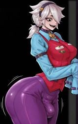 1futa ai_generated big_ass black_eyes brawl_stars breasts bulge bulge_through_clothing choker colette_(brawl_stars) collar futanari hair_over_one_eye hairband high_waisted_pants leggings mrnails penis ponytail sharp_teeth shirt simple_background solo solo_focus solo_futa straps thick_thighs tight_clothing tight_pants white_hair